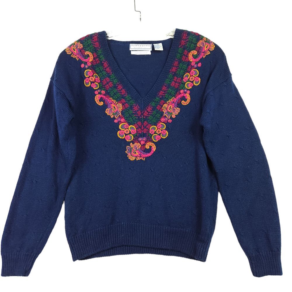 Portraits Of Northern Isles Sweater Womens M Blue Hand Embroidered‎ Knit Grandma